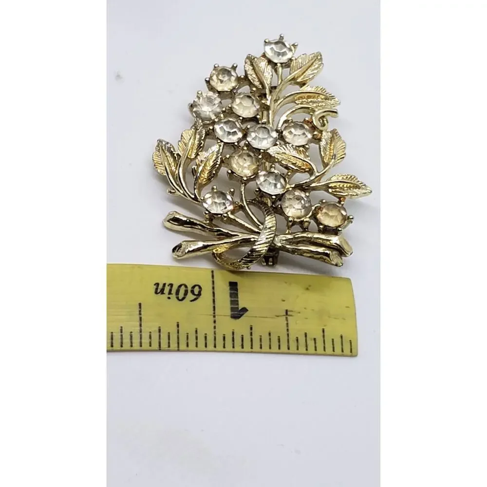 Vintage Brooch Figural Leaf Clear Rhinestone Gold Tone